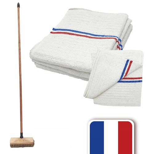 Lot de 1 Balai Brosse à récurer Lave Pont + 3 Serpillères gaufrées supérieure Blanche 60 x 100 cm, Fabriquées en France, Brosse en Poils en matières végétales, très résitants. Manche de 130 cm.