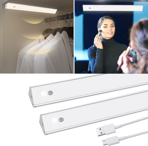 HOTUT Luz de Armario con Sensor Movimiento, 2pcs LED Cocina Bajo Mueble con 3 Modos, USB Recargable Lampara LED Con 2 Tiras Magnéticas, para Gabinete, Pasillo, Escalera, Sótano - Blanco
