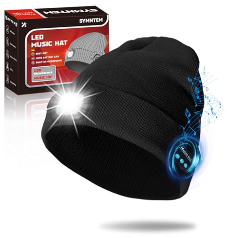 Gorro unisex recargable con música Bluetooth con luz, regalos de Navidad para hombres, adultos, adolescentes, papá, padre, marido, regalos geniales para mujeres, invierno, negro