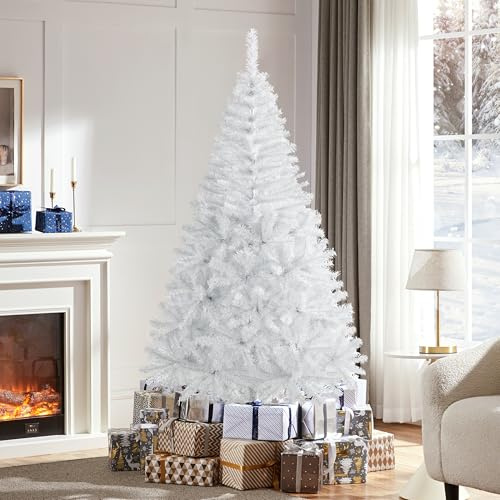 Yaheetech 6ft Christmas Tree with Foldable Stand, 528 Branch Tips, White | Realistic Spruce Xmas Tree | Quick Assembly | Metal Base, PVC, Powder-Coated Steel | Artificial For Holiday Decorative