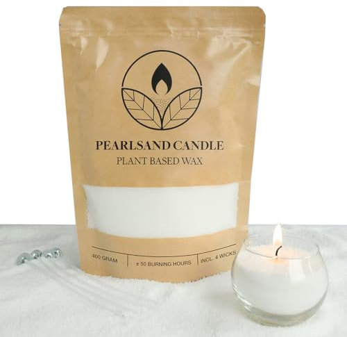comforder Sable de bougie parfumé et mèche - Granulés de cire aromatique - 400 g - Granulés de cire pour bougies de sable + 4 mèches de bougie (blanc, vanille)