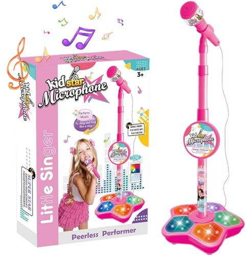Pipihome Kids Microphone and Stand, Kids Karaoke Machines for Girls, Pink Microphone with Adjustable Height & Flashing Stage Lights Musical Toy Christmas Birthday Present