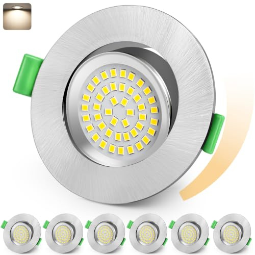 KYOTECH LED Einbaustrahler 230V Dimmbar 68-80mm IP44 Schwenkbar 6er Set | Nickel Ultra Flach LED Spots, 5W Bad Einbauleuchten Deckenspots, Neutralweiß 4000K Einbauspots für Badezimmer Wohnzimmer