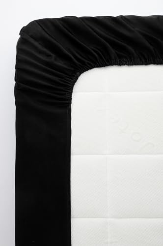 Jotex Zack Satin Spannbettlaken - 100% hochwertige, exklusivem Satin aus Bio-Baumwolle GOTS Zertifiziert Spannbetttuch mit Gummizug - Schwarz, 140 x 200 cm