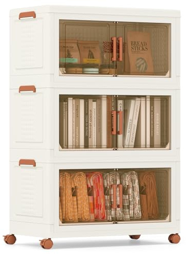 COSTWAY Caja de Almacenamiento Plegable 210 L, Paquete de 3 Contenedores de Almacenaje de Plástico con Puertas de Apertura Frontal, Cajas de Almacenaje Apilables con 4 Ruedas, para Dormitorio