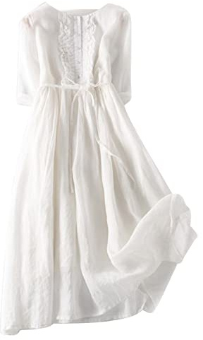 Zeiayuas Vintage Linen Dresses for Women UK Cotton Linen Maxi Dresses Lace Up Round Neck Half Sleeve Dress Pleated Boho Beach Holiday Dresses Summer Casual Tunic Dress Elastic Waist Tie Long Dress