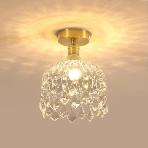 DELIPOP Lustre Plafonnier en Cristal, E14 Moderne Lampe de Plafond Design Cage, Doré Rétro Luminaire Plafonnier pour Chambre Salon Couloir Cuisine Salle à Manger