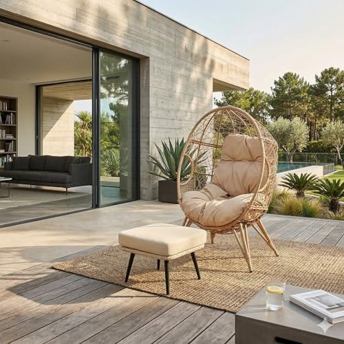 CONCEPT USINE Fauteuil Oeuf Suspendu avec Pied et Repose-Pieds Jane - Design Type Rotin & Structure Acier - Coussin Moelleux Déperlant Beige - Balancelle de Jardin, Terrasse & Intérieur