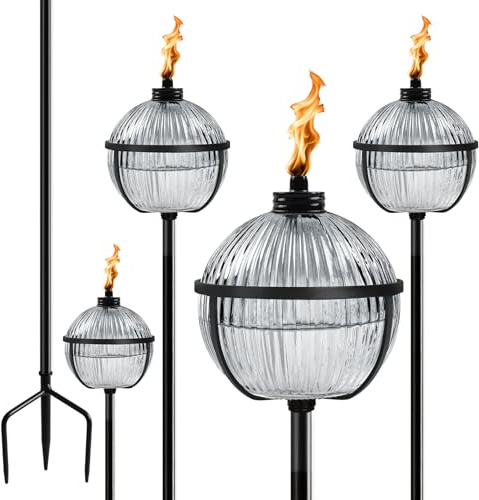 XINWXSS Citronella Torches Set of 4, Large Capacity 16 oz Outdoor Glass Torch Garden Décor，58.6 - Inch Upgraded Citronella Torches with 3-Prong Grounded Stake for Yard, Patio, Gatherin