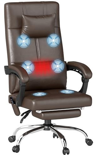Vinsetto Bürostuhl mit Massagefunktion, Ergonomischer Chefsessel mit Heizung, Liegefunktion, Lendenwirbelstütze und Kopfkissen, Höhenverstellbarer Drehstuhl mit Wippfunktion, Fußstütze, Kaffee