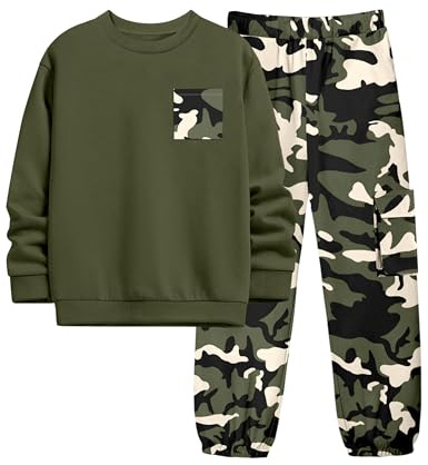 WIQI Jungenkleidung, 2-teiliges Langarm-Pullover-Sweatshirt und Camouflage-Sweathose, Herbst-Winter-Outfit-Set, 6–14 Jahre, Grün , 9-10 Jahre