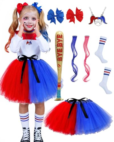 BITOYO Quinn Kostüm Kinder, Quinn Cosplay Kostüm Mädchen Halloween Kostüme Tüllrock Tutu mit Haarschleife Aufblasbarer Baseballschläger Cosplay Joker für Halloween Karneval Cosplay Kostüme