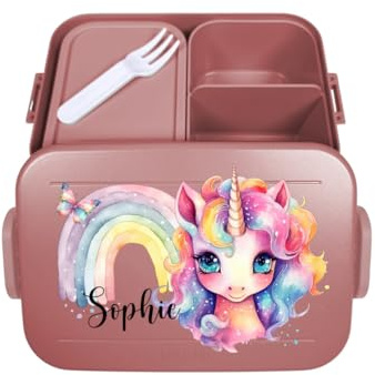 Mepal Bento Lunchbox Take a Break personalisiert, Brotdose mit Fächern Einsatz, Lunch Box mit Name, Bento Box Set bunter Aufdruck Einhorn Regenbogen Midi Rot
