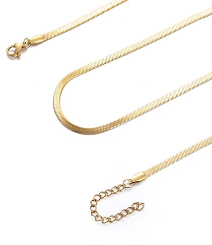 AFSTALR Schlangenkette Halskette Damen Edelstahl Kette Gold 3mm Breite Flache Fischgrätenkette Choker Necklace Wasserfester Schmuck für Mädchen Frauen 36cm