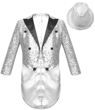 Veste pour Garçons Paillettes Veste Queue De Pie avec Bonnet Élégant Mariage Costume Smoking Vestes Blazer Manteau Carnaval Fête Déguisée Soirée À Thème Argent 7-8 Ans