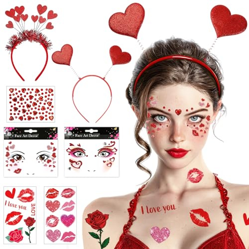 PeakPeek Amor Kostüm Damen, Faschingskostüme Damen, 2 Herz Haarreif Karneval + 2 Gesichtstattoo Karneval + 2 Tattoos + 1 Glitzersteine Gesicht, Valentinstag Kostüm Fasching Accessoires