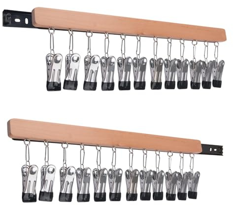 INCREWAY 2 varillas extraíbles con clips para armario, colgador de armario extensible de madera natural, organizador telescópico para corbatas, bufandas, cinturones, utensilios de cocina (izquierdo y