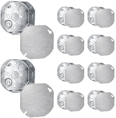 OHLECTRIC 4-Inch Octagon Metal Electrical Box with Blank Covers (10-Pack) 1-1/2 Inch Deep, Raised Ground, Galvanized Steel Drawn Construction Junction Box Kit, (4) 1/2 & (4) 3/4 Knockouts
