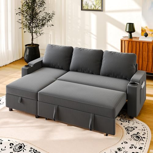 JUMMICO Canapé d'angle Convertible 3 Places, canapé lit avec Rangement intégré et accoudoirs multifonctionnels, idéal pour Salon, Bureau et Petit Appartement, Design Moderne et Pratique,Gris