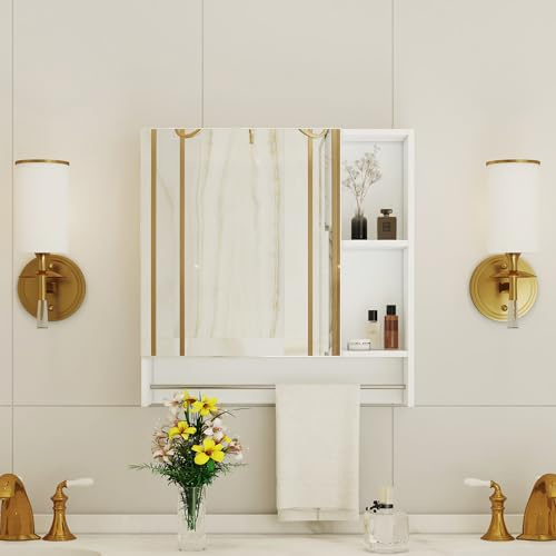 Worletty 56 cm Hängevitrine, Spiegelschrank Bad, Badezimmer Spiegelschrank, Hängeschrank Küche, aus MDF, mit Spiegel & Ablagefächern, für Badezimmer, Küchen, Esszimmer (Weiß)