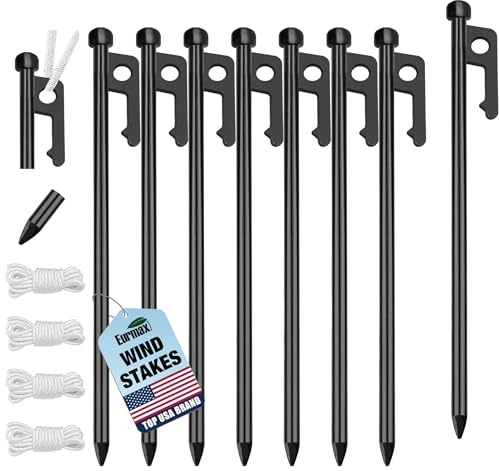 Eurmax USA Mehrzweck-Zeltheringe, 25,4 cm, robuste Stahl-Zeltheringe, Planen-Heringe, Campingpfähle für Outdoor, Camping, Überdachung und Plane, mit 4 Seilen, 3 m Länge, 8 Stück (schwarz)