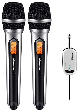 Alvoxcon Sistema de Micrófono Inalámbrico UHF Doble Micro de Mano Dinámico, Sonido Nítido y Estable, Compatible con iPhone, Cámara, Altavoz PA, Karaoke, DJ, Conferencias, Youtube, Grabación y Eventos