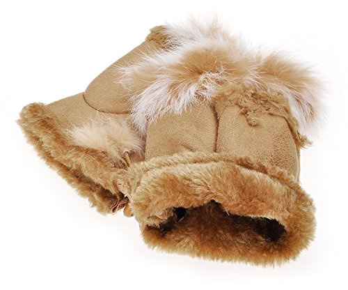 ZLYC Women Winter Faux Fur Half Finger Gloves Girls Warm Fingerless Mittens (Khaki),M