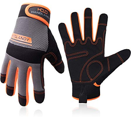 HLDD HANDLANDY Leichte Arbeitshandschuhe, Herren & Damen Multifunktionale Arbeitshandschuhe mit umfangreichem Handflächenschutz Gartenarbeit Bauarbeitshandschuhe Touchscreen (orange/grau, L)