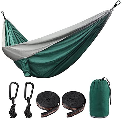 Yumcute Hängematte Outdoor Camping Hammock 300 x 200 cm für 2 Personen, leicht und langlebig, Tragfähigkeit bis zu 300 kg mit Tragetasche für Campingreisen im Freien (dunkelgrün grau)