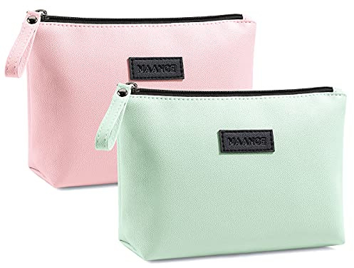 Makeupväska för handväska MAANGE liten resesminkväska sminkväska PU-läder bärbar mångsidig blixtlåsväska för kvinnor, Rosa och grön, liten sminkväska