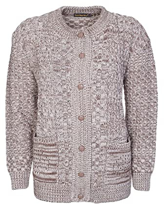 Pretty Attitude Women Winter Chunky Cable Knit Ladies Long Sleeve Aran Crew Neck Warm Cardigan (Mix Beige Aran Bw, 14)