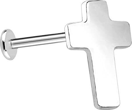 Ohr Piercing Labret Stecker in 1,2 mm mit Innengewinde und Kreuz Aufsatz