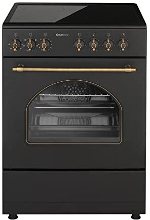 SOLTHERMIC COCINA ELECTRICA VTC60N VITROCERAMICA CON HORNO INCORPORADO/NEGRA RÚSTICA ACABADOS DORADOS/ANCHO 60 CMS / 4 FOCOS/HORNO 60 L. / FUNCION TURBO Y TEMPORIZADOR