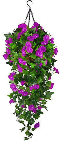 Artificial Fake Hanging Flowers Plants Basket for Spring Outdoor Outside Decoration, UV Resistant Faux Plastic Fabric Flower Morning Glory Wisteria Petunia for Garden Porch Patio Balcony Yard Decor