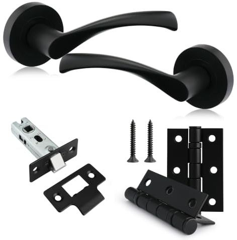 XFORT Paquete de Manija de Palanca Ondulada en Negro Mate con Bisagras de Rodamientos de Bola y un Pestillo Tubular, Ideal para Puertas de Madera Interiores para Hogar y Oficina.
