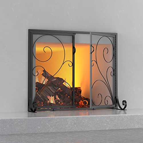 Fire Beauty Kaminschutz mit Türen, handgefertigt, massiver Stahl, Robustes Metallgeflecht, Pulverbeschichtung, freistehender Funkenschutz