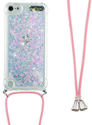 Handykette Handyhülle für iPod Touch 5/6 / 7 Hülle,Glitzer Quicksand kreatives Fließende Flüssigkeit schwimmt Silikon Case mit Umhängeband Handykordel Band Kette für iPod Touch 5,GS Color Heart