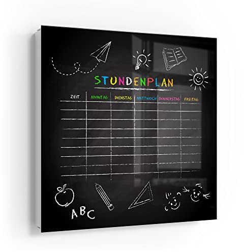 DEQORI Schlüsselkasten weiß | 30x30 cm | Motiv Vorlage: Stundenplan | Glas & Metall Schlüssel-Box | Schlüsselschrank mit 50 Haken + 2 Magnete | Moderne Design Box magnetisch & beschreibbar
