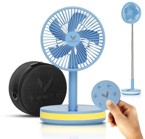 VENTY Ventilador Portátil Plegable con Batería Recargable - Ventilador con Mando a Distancia - 4 Velocidades, Compacto, Ajustable - Con Funda Transporte y Puerto Carga USB - Foldable Portable Fan