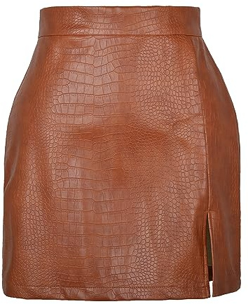 Kuukaas Lederrock Damen Sexy Bleistift Braun Mit Schlitz Minirock Eng Und Kurz Winterrock M