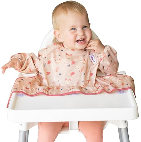 Tidy Tot®™ Cover & Catch™ Bavoir Manches Longues Bébé – Accessoire Repas pour Chaise Haute avec Fixation par Ventouses, Protection Anti-Salissures, Dès 4 Mois
