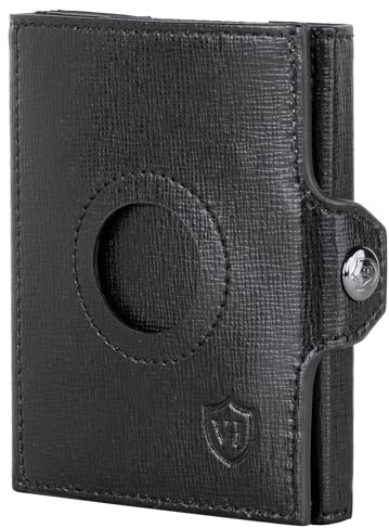 VON HEESEN Airtag Slim Wallet mit Münzfach & RFID-Schutz - Airtag Portmonee Herren klein aus echtem Leder - Mini Geldbörse - Kreditkartenetui Kartenetui - Portemonnaie Geldbeutel (Saffiano Schwarz)