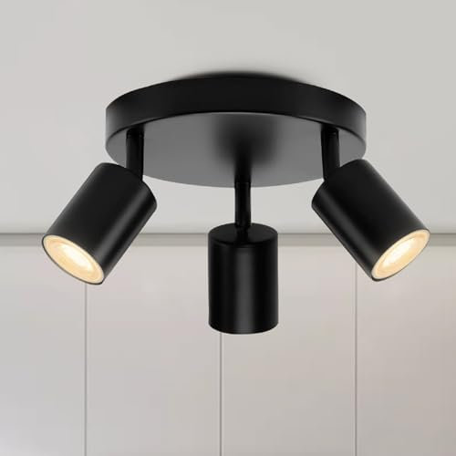 CHENBEN Plafonnier à 3 spots rotatifs GU10, spots LED intérieurs de plafond noir, base ronde, pivotants, plafonnier LED pour couloirs/salles à manger, sans ampoule max 50 W