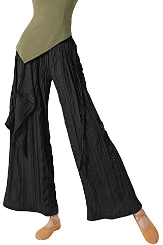 Weiße Damenhose, elastisch, 3/4 Balletthose für modernen Tanz, Klassische Tanzhose, breite Beine, gerade Tasche, Lange Hose, Gymnastikübungen, Schwarz, S
