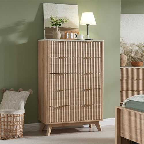T4TREAM Fluted 5 Drawers Dresser, 48 Tall Modern Chest of Drawers with Faux Marble Top, Curved Profile Design, Wood Drawer Organizer for Bedroom, Living Room, Hallway, Entryway, Natural Oak