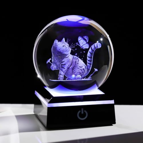 Movdyka 3.15in Crystal 3D Butterfly Cat Ball Kitty Gifts for Women Girls | Cat Themed Glass Sphere Figurine Presents for Mum, LED Light Base, Kitty Lovers Keepsakes, Home Ornaments Paperweight