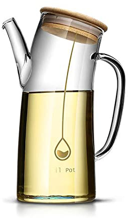 Olive Oil Dispenser, Creative Glass Oil Container for Cooking, Drip Free Vegetable Oil Pouring Bottles with Spout for Kitchen, Decorative Oil Drip Cans Decanter with Bamboo Lid (750ml)