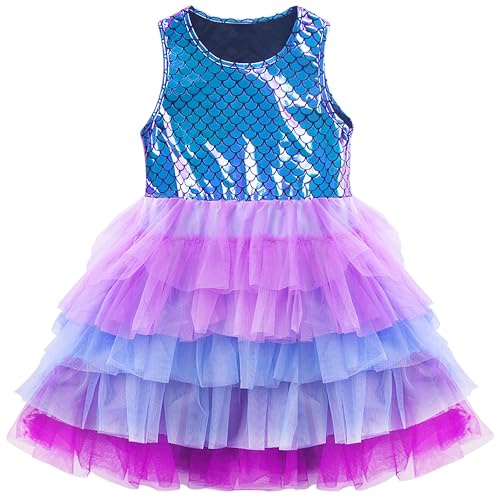 FILOWA Vestito per Bambina Tulle Abito Sirena Principessa Costume, 3-8 Anni | Ragazza Elegante Paillettes Abito, Compleanno Carnevale Festa Vestiti, Primavera Estate Autunno Tutu, Senza Manica/Lunga