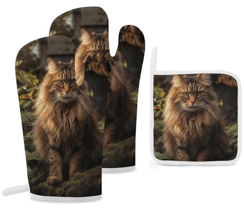 Lot de 3 gants de cuisine et maniques résistants à la chaleur de 287,8 °C - Motif chat assis dans un buisson - Gants chauds pour la cuisine et les grillades