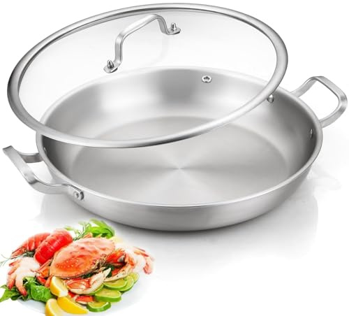DELARLO Paella Pan 14 Inch Tri-Ply Stainless Steel Paella Pan with Lid, Jumbo Frying Pan, kitchen Induction Large Skillets,Great for Paella Parties Indoors Outdoors,Heavy Duty Style
